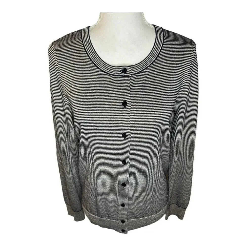 Talbots Women’s Medium Metallic Sparkle Black Striped Cardigan Sweater‎